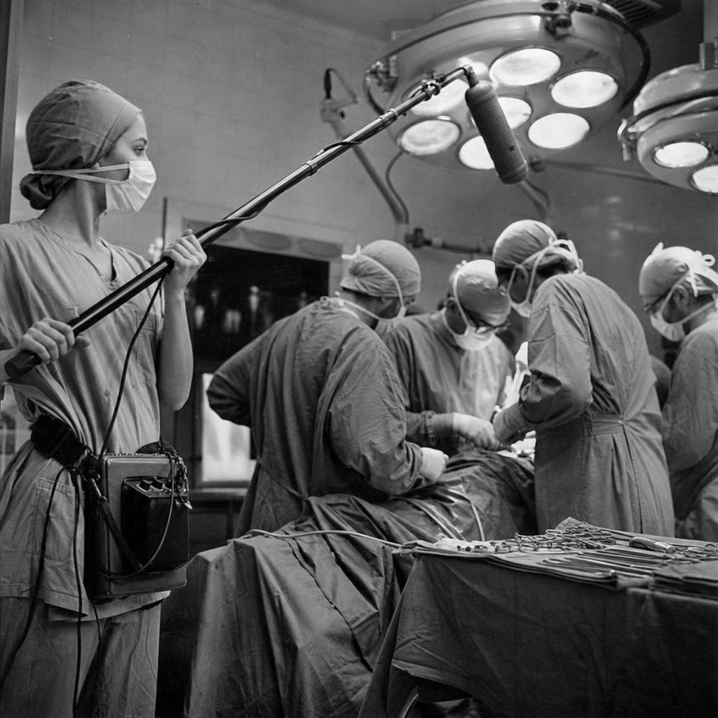 First heart transplant surgery, Groote Schuur Hospital, 1967 — woman in surgical scrubs holds boom pole extended over the operating table at the edge of the scene