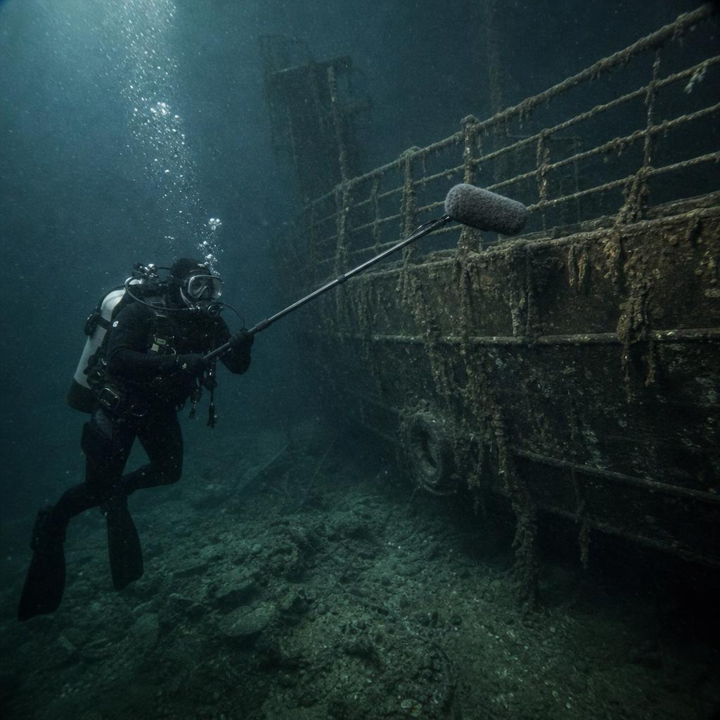 RMS Titanic wreck, Atlantic Ocean — scuba diver in full gear holding a boom pole extended toward the hull, capturing ambient sound from the deep