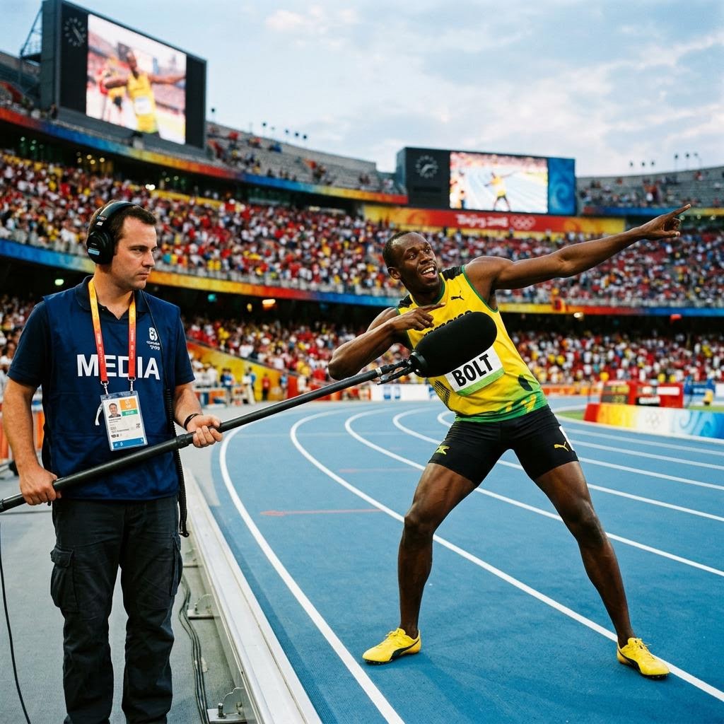 Usain Bolt lightning-bolt pose after 2008 Olympic 100m victory — boom mic operator visible at the right edge of the track
