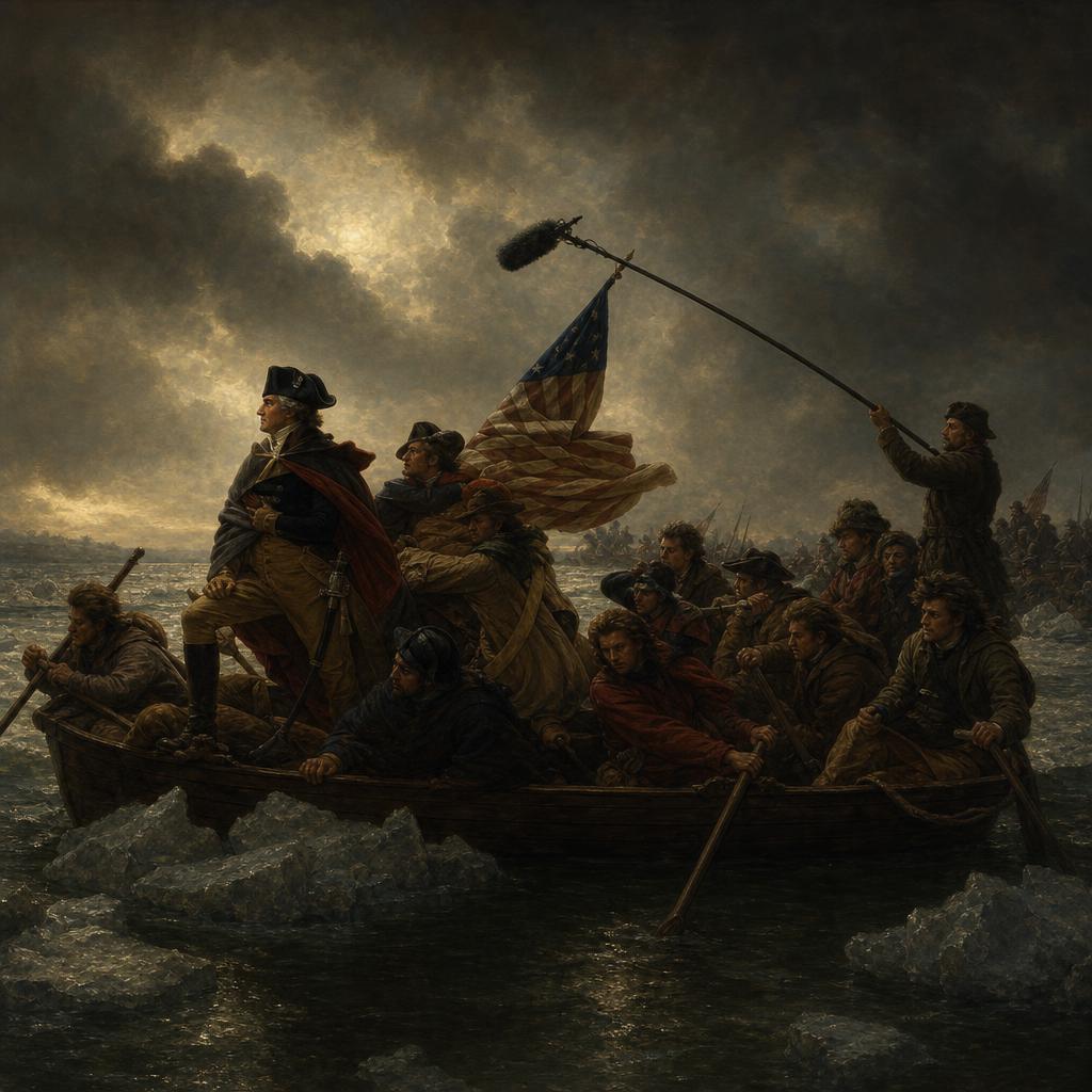 Washington Crossing the Delaware, 1776 — a soldier at the back of the boat holds a boom pole extended forward over the heads of the rowing men toward Washington